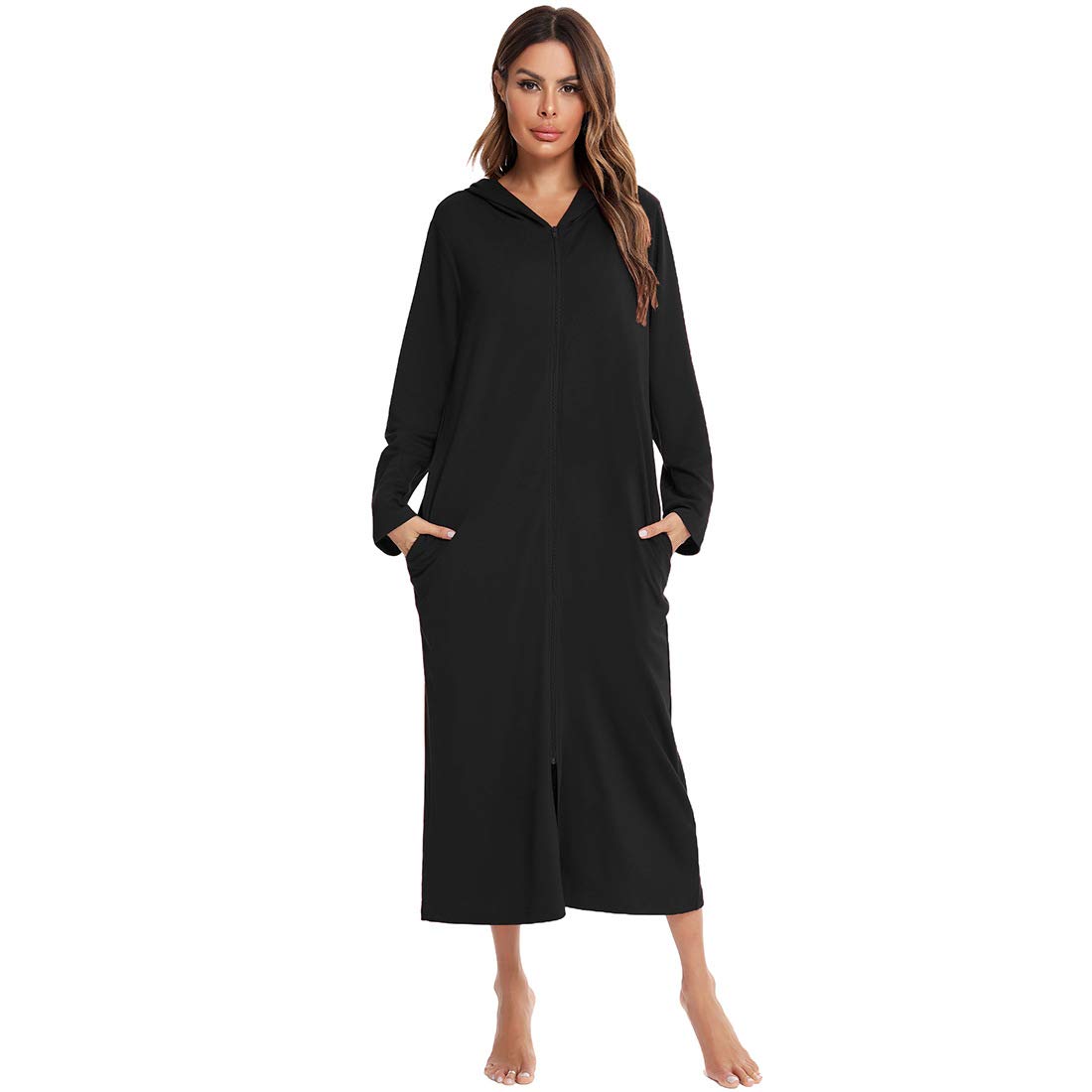 Verve Jelly Zipper Housecoat Long Sleeve Zip Nightgown Lounge Dress with Pockets Women's Sexy Sleep Shirt Black
