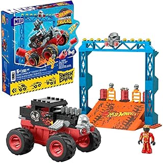 Mega Hot Wheels, Monster Trucks, Building Toy, Smash & Crash Bone Shaker Crush Crush z 151 sztuk, 1 figurą i 1 rampą, czerwoną, dzieci w wieku 5 lat, HKF87