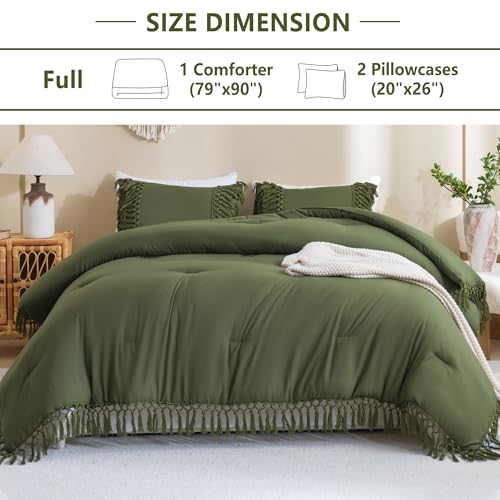 Image of Andency Olive Green Full Size Comforter Set, 3 Pieces Boho Tassel Lightweight Soft Bedding Comforter Sets, All Season Fluffy Fringe Bed Set (79x90In Comforter & 2 Pillowcases)