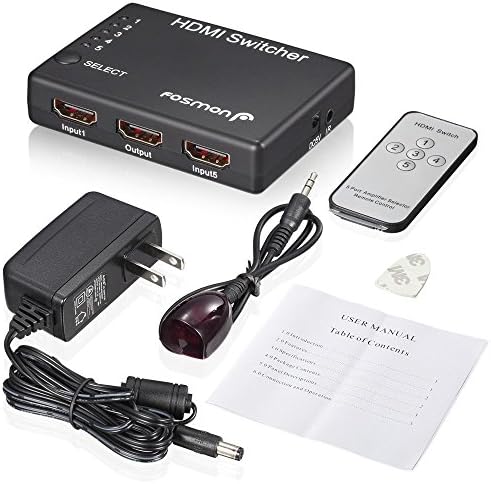 Fosmon HD1832 Intelligent 5x1 5-Port HDMI Switch/Switcher with IR Remote and 1.5 Meter USB Power Cable (Supports 3D)