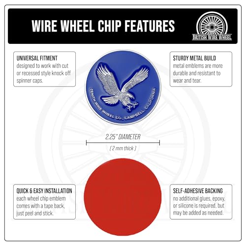 Image of Zenith Eagle Chrome & Blue Metal Wheel Chip Emblem (Single) | Triple Chrome Plated Solid Metal Wheel Chip Emblem, 2.25 inch | for Lowriders with Recessed Knock Off Spinner Caps