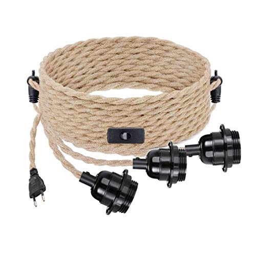 Puhui Lampada a sospensione con interruttore e spina, stile rustico, con cavo di canapa, per camera da letto, sala da pranzo, lampade da parete, accessori fai da te, attacco E27 (3 fiamme)