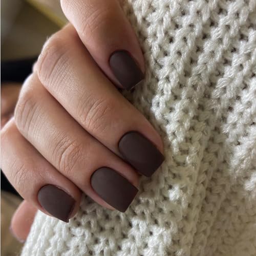 Matte Brown Press on Nails Short Square, 2025 Fall Colors Trendy Gel...