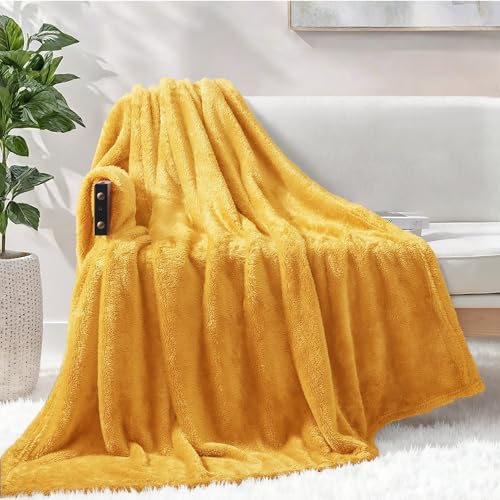 Exclusivo Mezcla Plush Fuzzy Fleece Throw Blanket Extra Large, Super Soft, Fluffy and Warm Blankets for Couch, Bed, Suitable for All Seasons (50x70 Inches, Mustard Yellow)