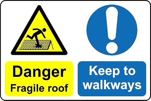 Danger Fragile roof Keep to walkways Safety Sign - Self Adhesive Sticker (200mm x 150mm)