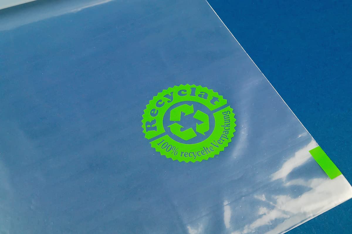 100 Flachbeutel aus Recyclat rLDPE 800 x 1000 mm, Folie 100my, recycelbar, Materialhinweis, ohne Verschluß