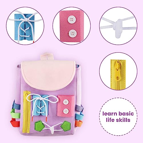 Image of Busy Board - Toddler Backpack with Buckles and Learning Activity Toys - Develop Fine Motor Skills and Basic Life Skills - Learn to Tie Shoes - Children's Travel Toy (Purple)