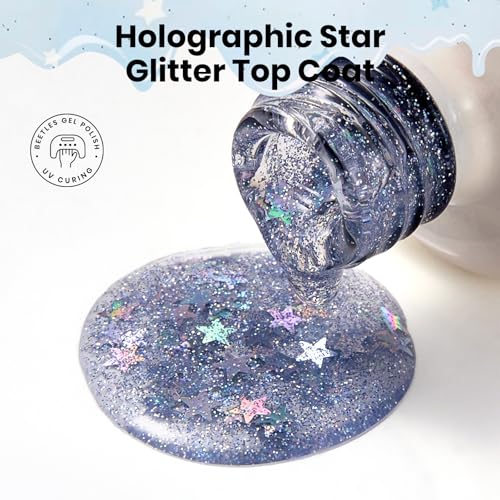 Image of Beetles Glitter Top Coat for Gel Nail Polish 15ml - Reflective Silver Star Glitter Shiny No Wipe Uv Gel Top Coat Nail Art Star Sparkle Manicure DIY Home Salon