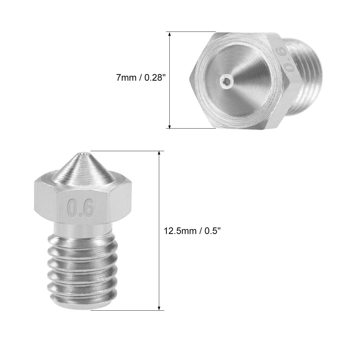 sourcing map 2 szt. V5 V6 wytłaczarka 1,75 mm dysza głowica M6 gwint stal szlachetna 0,6 mm