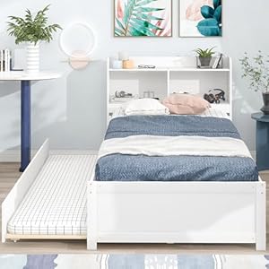 Twin Size Bed with Trundle,Twin Bed Frame with Storage Headboard, Twin Size Trundle Bed with Bookcase for Kids,Bookcase Bed Twin Size, Trundle Bed with Storage for Kids,Teens,Adults(White) Twin Size Bed with TrundleTwin Bed Frame with Storage Headboard Twin Size Trundle Bed with Bookcase for KidsBookcase Bed Twin Size Trundle Bed with Storage for KidsTeensAdultsWhite