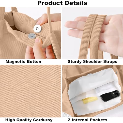 ALUWU Corduroy Tote Bag for Women Canvas Shoulder Purse Cord Handy Bag with Inner Pocket4