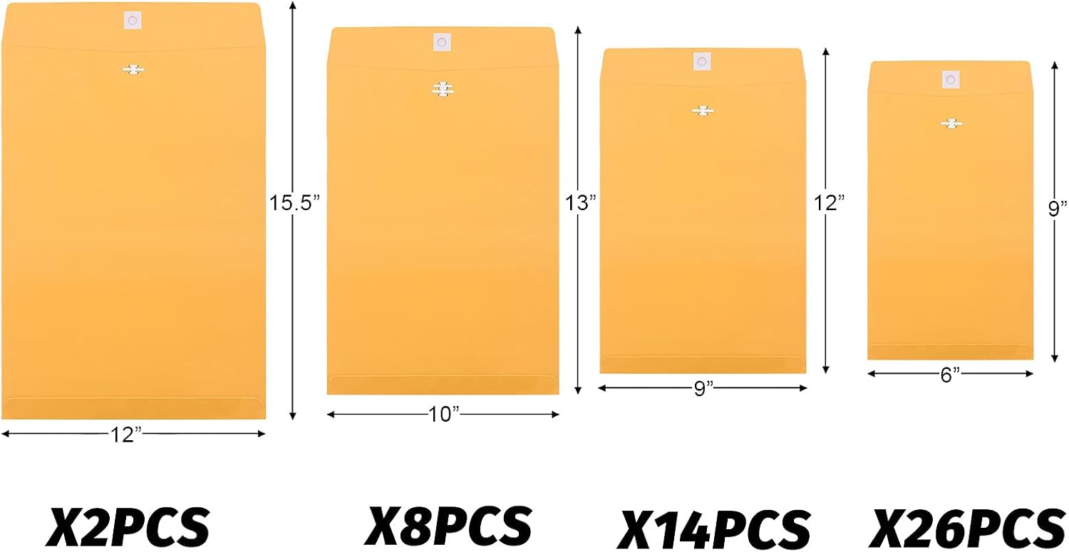 Frienda 4 Sizes Clasp Envelopes Kraft Paper Catalog Clasp Envelope with Clasp Closure for Filing, Storing or Mailing Documents, 50 Pieces (Yellow,6 x 9 In, 9 x 12 In, 10 x 13 In, 12 x 15.5 In)