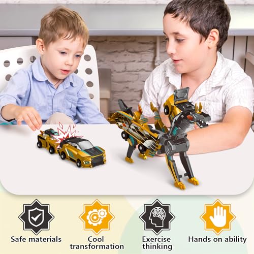 Image of Intoypad Magnetic Collision Transforming Dinosaur Car Toy (Golden Dragon) | 2 Magnetic Cars Transform into Dinosaur Toys for Kids Toddler Fun Deformation Dino Car Birthday Christmas Gift Toys for Boys
