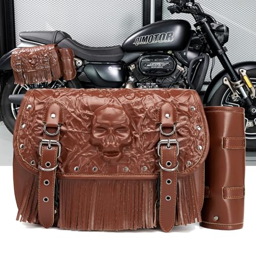 Alforja para Motocicleta Vintage con Diseño en Relieve de Calavera 3D, Bolsa Impermeable de Cuero Sintético para Manillar, Universal miniatura 2