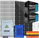 1440W Off Grid Solar Panel Kit 24V Complete Solar System with 12pcs 120W Solar Panel and 3000W Inverter and 4 String Combiner Box and 60A MPPT Charge Controller and 2pcs 100AH Battery