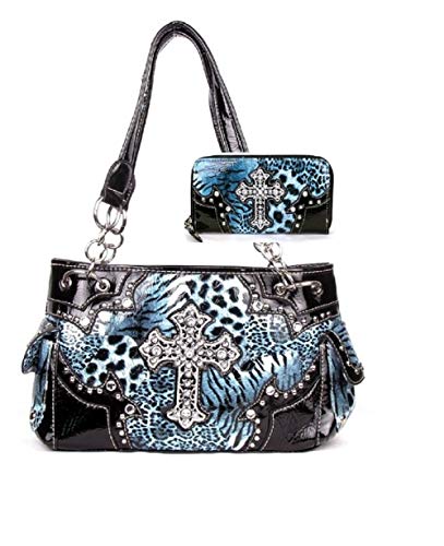 Western Cross Leopard Handbag Rhinestone Pocket Purse With Matching Wallet (BLUE)