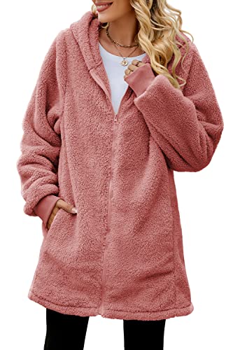 Yanekop Women Oversized Sherpa Jackets Fuzzy Fleece Zip Up Hoodie Outerwear Warm Winter Coat With Pockets(01 Dusty Pink,L) #TOP2