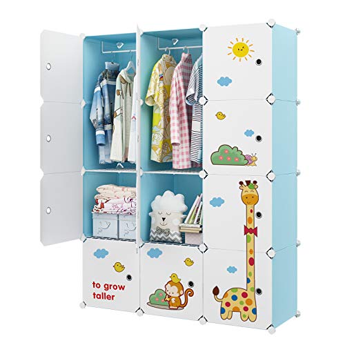 Image of VIPZONE Kids Armoires,12 Cube Wardrobe with Door,Portable Cute Closet Bedroom Dresser Clothes Hanging Storage Rack,Sturdy,Safe and Large Capacity,Blue(14x14inch)