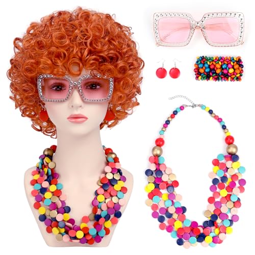 Image of Women Roper Curly Orange Red Cosplay Wig with Necklace Earrings and Sunglasses for Women Hallween Costume Wig