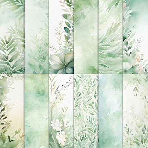 Papier aquarelle eucalyptus pour scrapbooking : lot de 24 feuilles de verdure