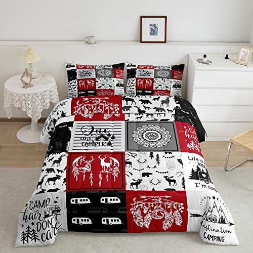 Cabin Retro Rustic Lodge Duvet Insert Twin,Boho Mandala Flower Comforter Set for Girls, Farmhouse Moose Deer Down Comforter Hunting Bear Camping Patchwork Comforter + 1 Pillow Case, Red Grey
