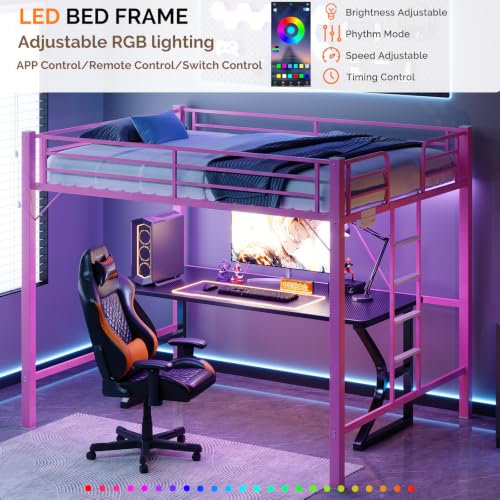 Image of VINGLI Loft Bed Queen Size with Charging Station and LED Lights,Safety Guardrail and Stair for Teens /Adults, No Box Spring Needed, Heavy Duty Metal Support Slat, Pink