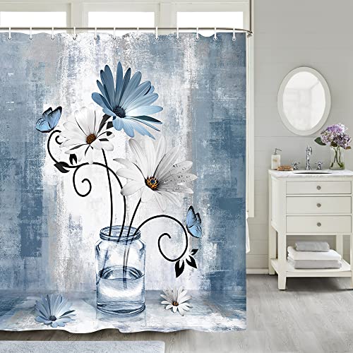 Rustic Farmhouse Floral Shower Curtain, Country Farm Blue Daisy Flowers Butterfly Abstract Shower Curtain Set, Navy Blue Shower Curtains Farmhouse Bathroom Accessories With 12Pcs Hooks,70X70In #TOP4