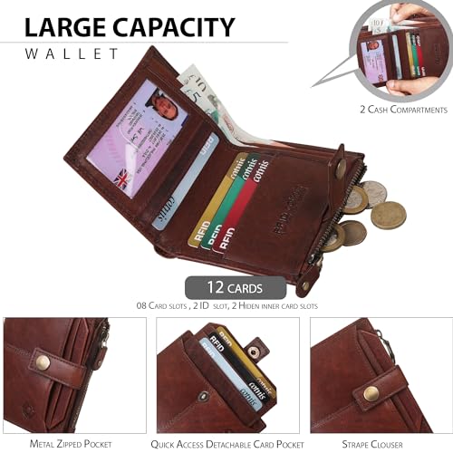Image of Zipper Genuine Leather Wallet for Men, RFID Safe Full Grain Leather Handcrafted Front Pocket with Detachable Cardholder (Brown Oil Pull-UP)
