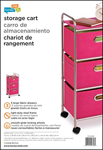 Honey-Can-Do 3 Drawer Rolling Cart - Pink Crt-02348 Pink, 11.5 In L X 16.125 In W X 35.5 In H (29.2 Cm L X 41 Cm W X 90.2 Cm H) #TOP4