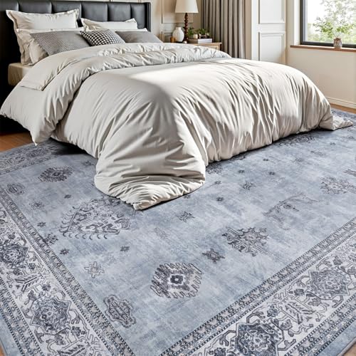 AMOAMI-Vintage Area Rug 8X10 Blue Rugs for Living Room-Soft Living Room Rug Non Slip Rugs for Bedroom Carpet Machine Washable Rug for Dining Room Bedside Office Room Decor
