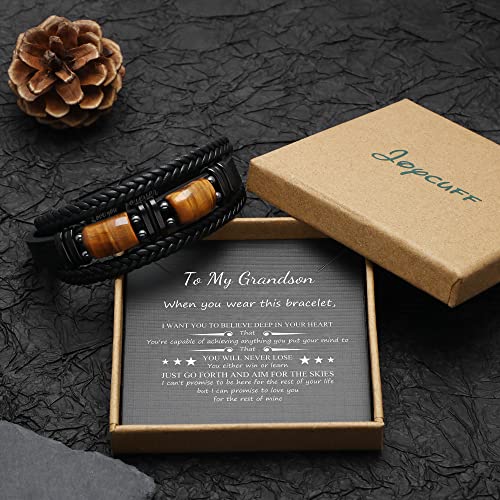 Joycuff To My Grandson Leather Bracelets From Grandma Grandpa Birthday Holiday Gifts For Grandson Love You Forever With 2 Tigers Eye Stones To My Grandson Mens Bracelet Anniversary Christmas Gift #TOP6