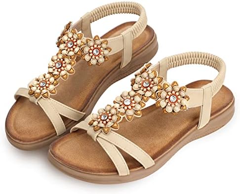 TEMOFON Women Wedges Sandals Low Heels Bohemian Beaded Sandals Summer Zipper Back Open Toe Wedges Sandals Shoes White 8 | Image 1
