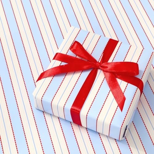 JarThenaAMCS Scalloped Stripe Wrapping Paper - Mini Roll - 17 In x 32.8 Ft Blue Beige Red Americana Striped Gift Wrap Paper for Summer Nautical Birthday Beach Party Coastal Decor