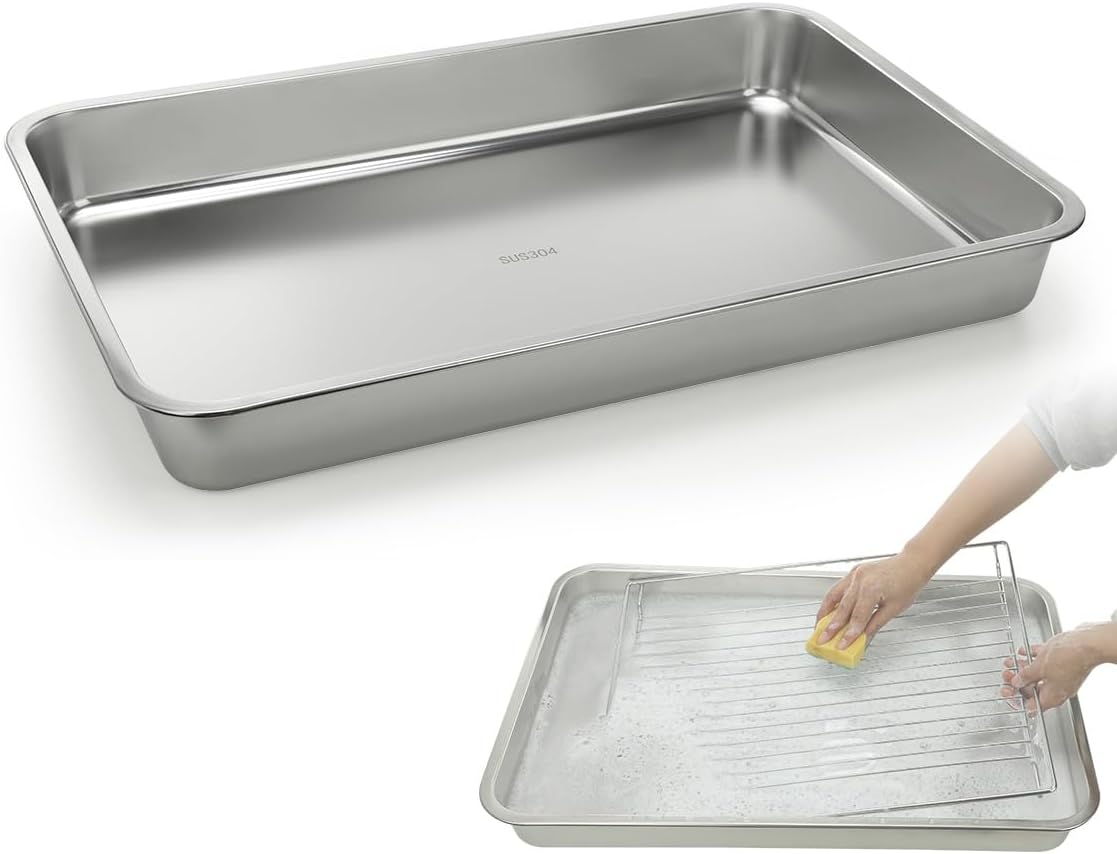 LANMU Stainless Steel Oven Rack Cleaning Tray, Large Capacity Soaking Tray for Grill Grates, Roasting Pans, Cooling Racks, Air Fryer Parts and More, Reusable & Leak-proof Oven Shelf Cleaning Tool