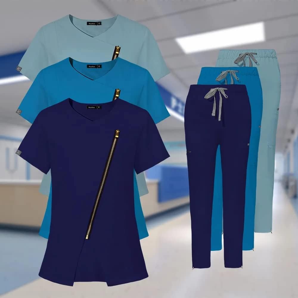 niaahinn Scrubs Set for Women Nursing Uniform Medical Scrubs Top and Elastic Waist Drawstring Pants