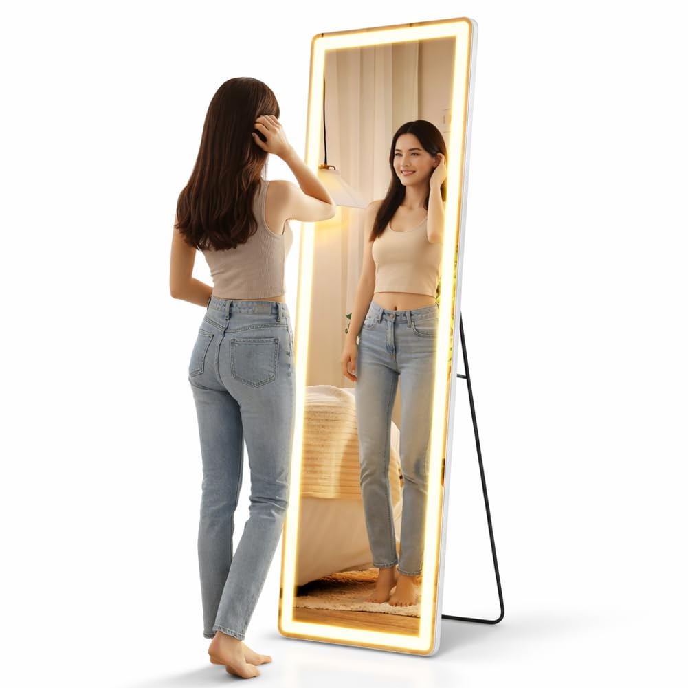 Shally Dogan Specchio da Terra Figura Intera con Luci Led e Pulsante Touch, Stand da Pavimento Struttura Alluminio Resistente con Illuminazione Dimmerabile Bianco Freddo, Caldo e Naturale, 160 x 50 cm