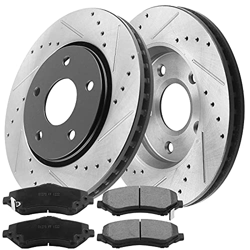 Image of MotorbyMotor 325mm Front Brake Kit Rotors and Brake Pads Fits for Buick Enclave, Chevy Traverse, GMC Acadia (Limited), Saturn Outlook Drilled & Slotted Disc Brake Rotor & Ceramic Pad 55150, 120.66069