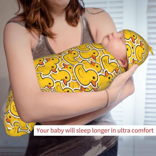 Image of Cute Rubber Duck Baby Stuff Newborn Swaddle Blankets Soft Swaddling Blanket With Hat Sets Gifts For Infant Boys Girls