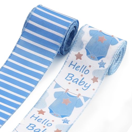 Habbiful 10 Yards Baby Shower Ribbon Baby Boy Burlap Ribbon for Crafts Wrapping Wreath Bow Making T-Shirt Stripes Baby Blue Ribbon for Baby Shower Gender Reveal Party Diaper Cake Decoration