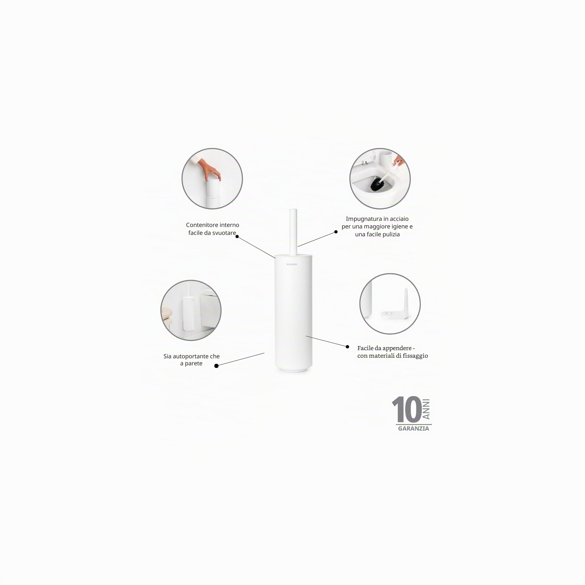 Brabantia, Mindset Set di Accessori per il Bagno, Scopino per WC, Portarotolo e Distributore di Rotoli, Spazzola con Setole Igieniche, Materiali di Fissaggio Inclusi, Set da Bagno da 3, Bianco Fresco