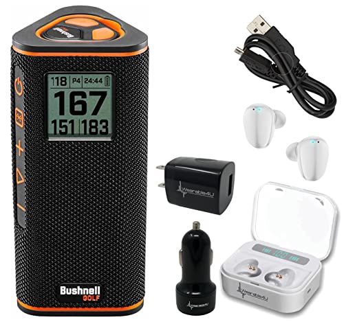 Wearable4U - Bushnell Wingman View Golf GPS Bluetooth Speaker with Ultimate White Earbuds and Wall and Car Chargers Bundle