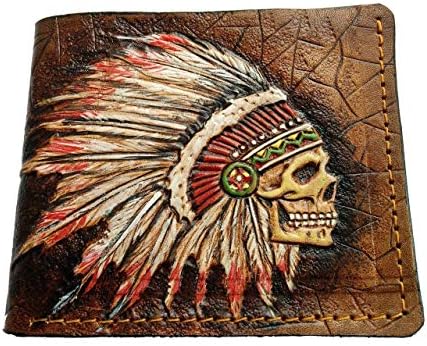 Indian Skull, Red Man, Native American Skull, Men's 3D Genuine Leather Wallet, Handmade wallet, Carved wallet, Tooled wallet, Airbrush Art, Bifold wallet, Custom wallet, Personalized wallet