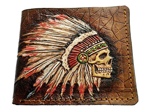 Indian Skull, Red Man, Native American Skull, Men's 3D Genuine Leather Wallet, Handmade wallet, Carved wallet, Tooled wallet, Airbrush Art, Bifold wallet, Custom wallet, Personalized wallet
