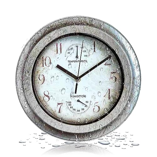 QUWOTXE Reloj de pared vintage para exteriores, 12 pulgadas, impermeable, con termómetro e higrómetro, estilo industrial antiguo retro