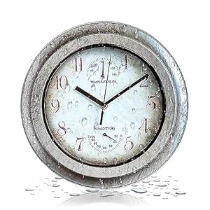 QUWOTXE Vintage wandklok outdoor tuin 30,5 cm indoor outdoor klok met thermometer en hygrometer, retro antieke industriële stijl