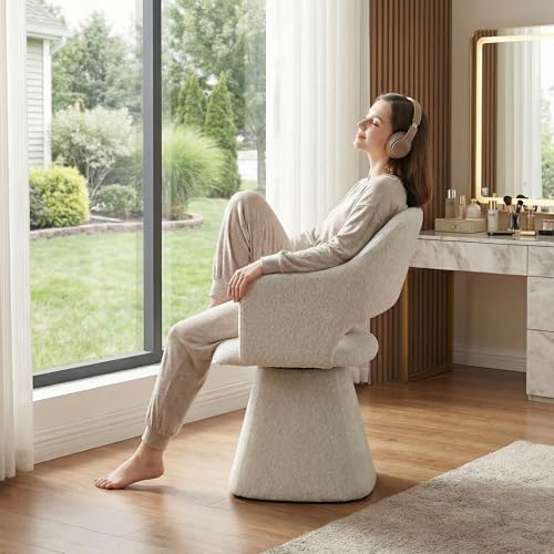 Hyfirm 360° Swivel Dining Chair with Arms, Chenille Upholstered Barrel Accent Kitchen Chairs with Hollow High Back, Vanity Chair for Bedroom, Beige, 1PC