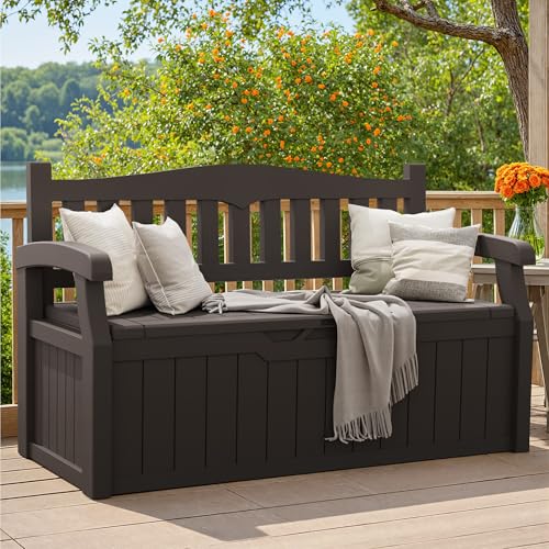 Image of Greesum 80 Gallon Storage Bench Outdoor Deck Box with Armrest, Brown