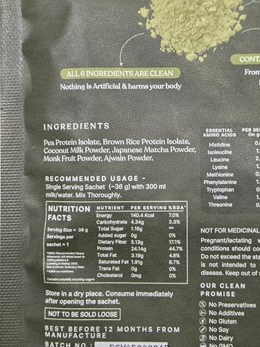 Image of Earthful Honest Plant Protein | 24g Protein /Serving & 4.9g BCCAs | For Weight Management, Energy, Muscle Support & Recovery | Made with Pea & Brown Rice | Japanese Matcha - Six Single-use Sachets