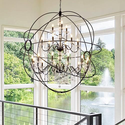Wellmet Black Chandelier Light, 58 Inch Sphere Chandelier with Crystal for Foyer, Farmhouse Large Round Hanging Ceiling Lighting Fixture for Dining Ro