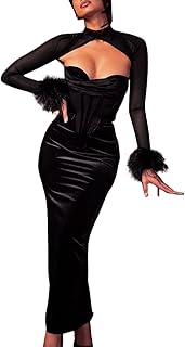 Women's Feather Long Sleeve Bodycon Maxi Dress Mesh Velvet Hollow Out Bandage Dress Cocktail Club Party Outfits - Buy now